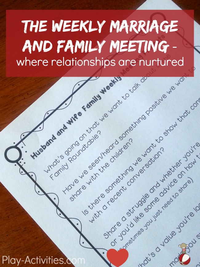 Simple way to keep positive conversation going within the family with a weekly marriage and family meeting. Grab the free printable for your next conversation at play-activities.com